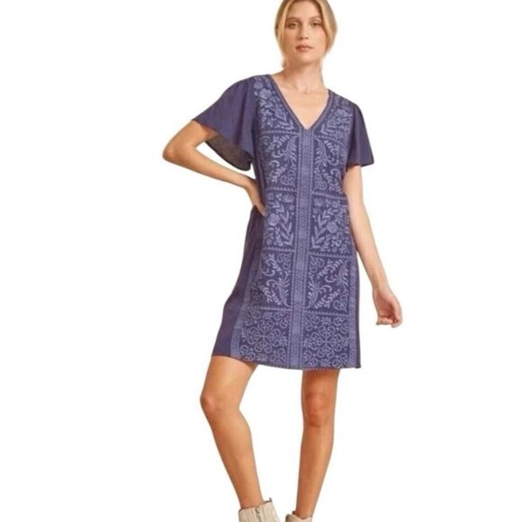 Savanna Jane Dresses & Skirts - Savanna Jane Blue Embroidered Short Sleeve V Neck Dress Western Size Small